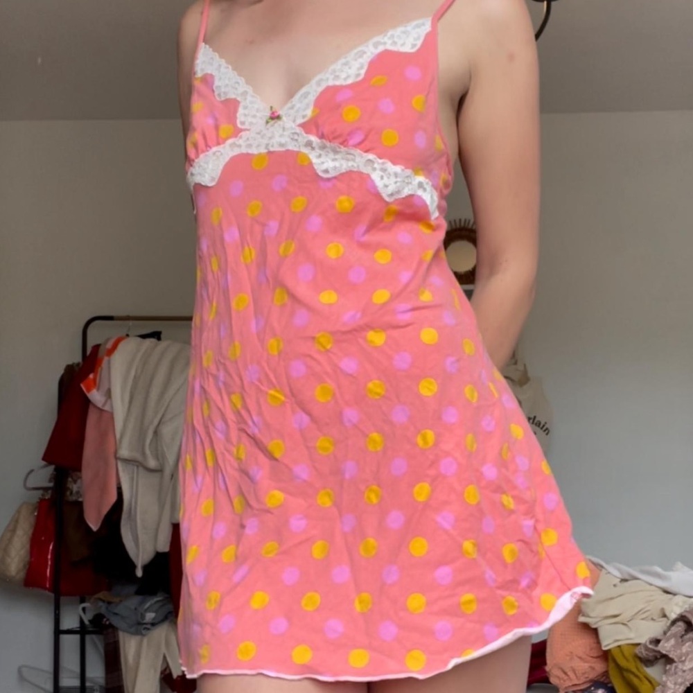 RARE vintage Betsey Johnson Intimates polka dot lace rosette slip mini dress